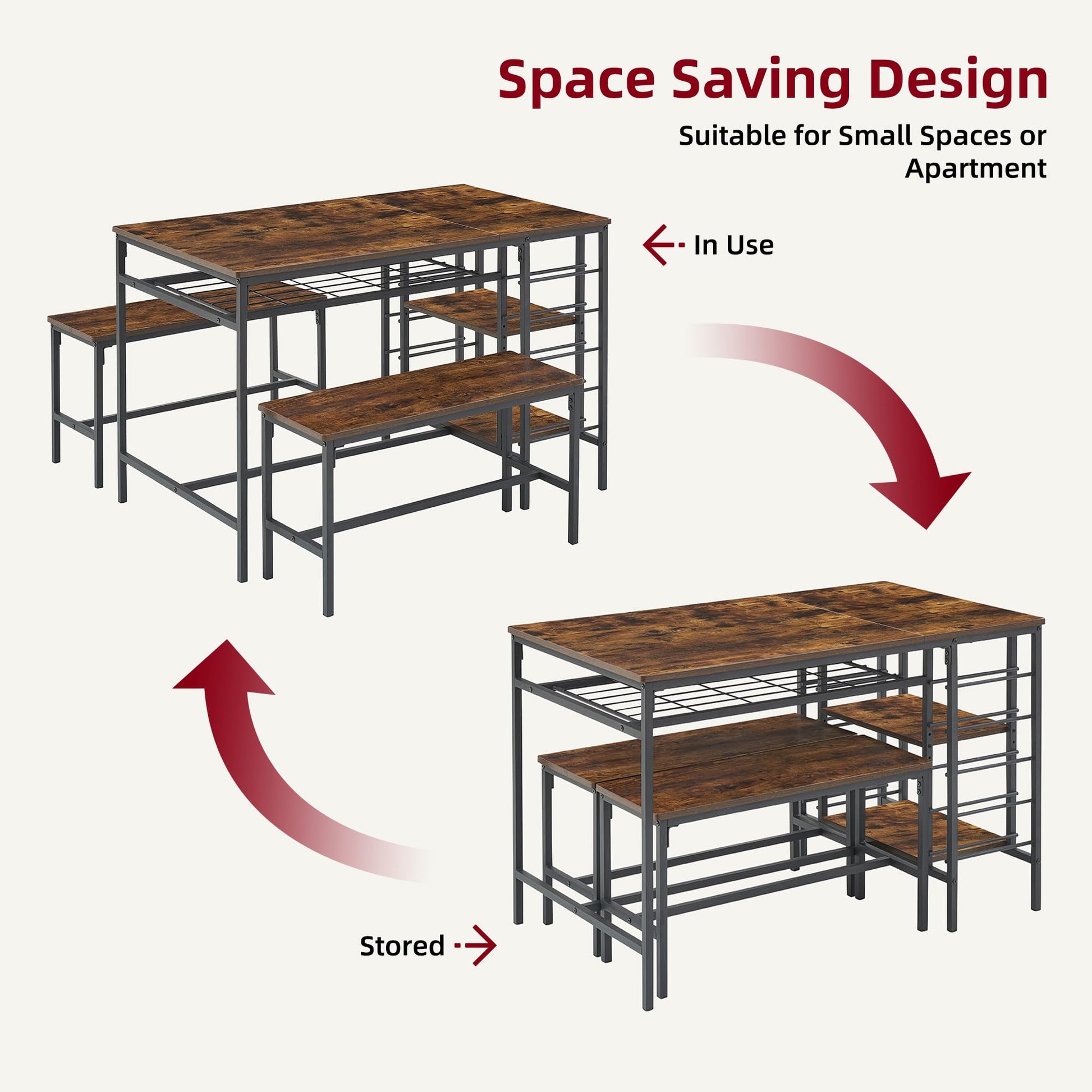 Ensemble table et chaises Garvee pour 4 personnes avec casier à vin et rangement, structure robuste en métal et bois, gain de place, forme rectangulaire, idéal pour les petites pièces