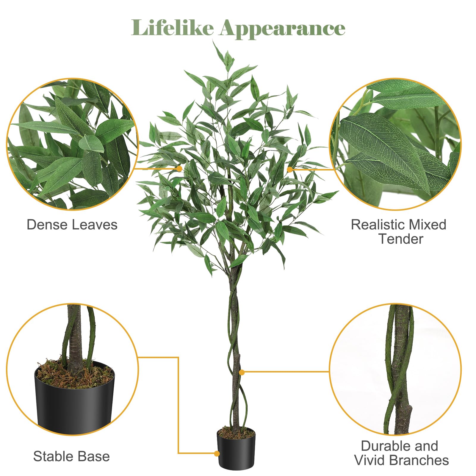 Eucalyptus Garvee de 1,5 m – Plante artificielle en soie, sans entretien, pour la maison et le bureau, aspect réaliste