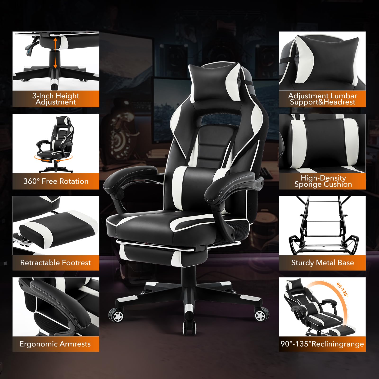 Garvee Chaise gaming ergonomique noir et blanc avec repose-pieds, appui-tête et soutien lombaire, pivotante 360°, hauteur réglable, capacité 136 kg, adulte et ado