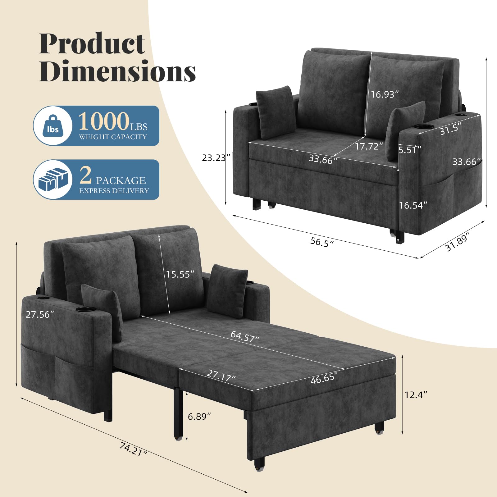 Canapé-lit 3 en 1 Garvee, 2 places, structure en acier, port de chargement USB, idéal pour les petits espaces, 142 cm (56 pouces), noir