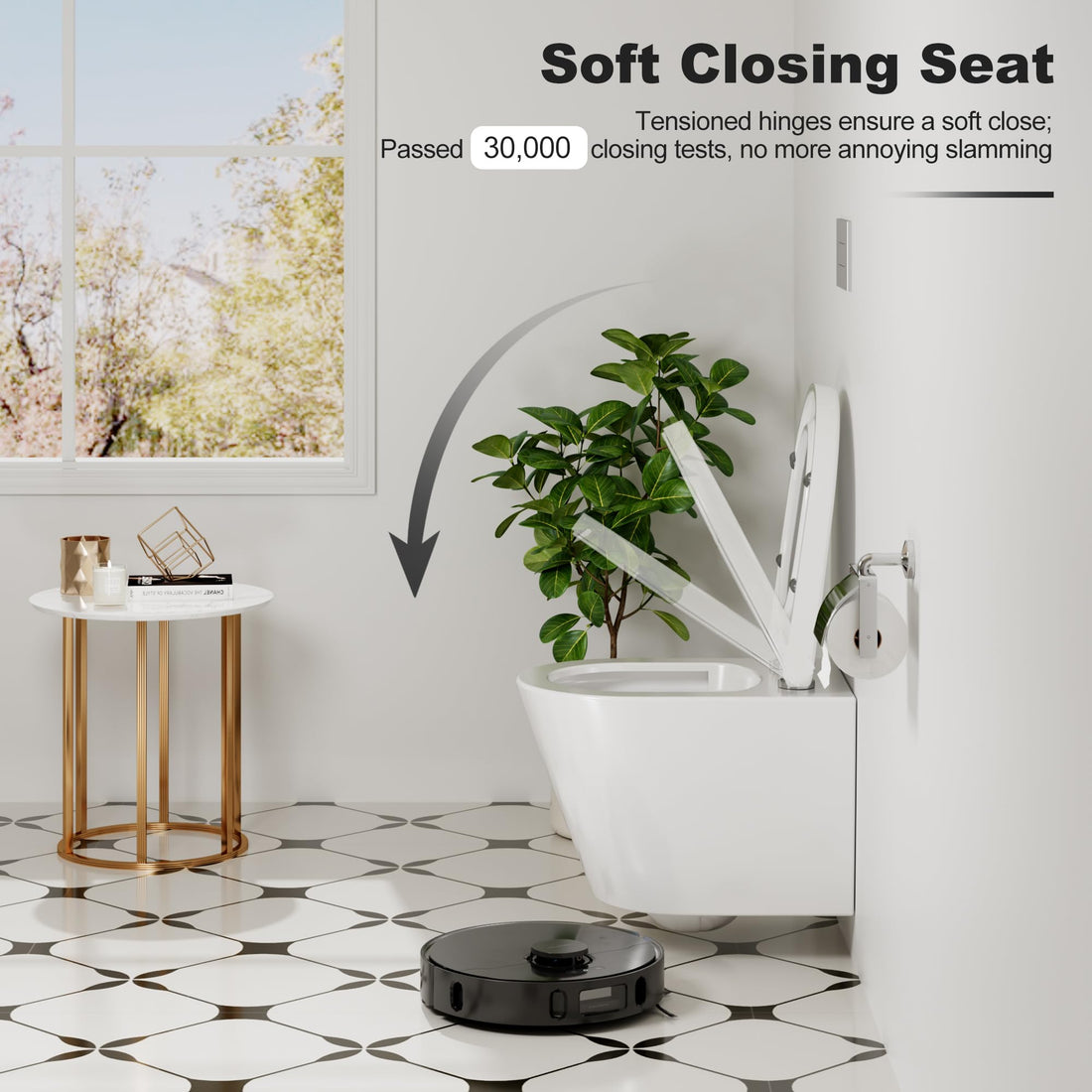 Garvee Abattant WC suspendu, forme en d, 51 cm, blanc · céramique, fermeture amortie · pour salles de bains modernes