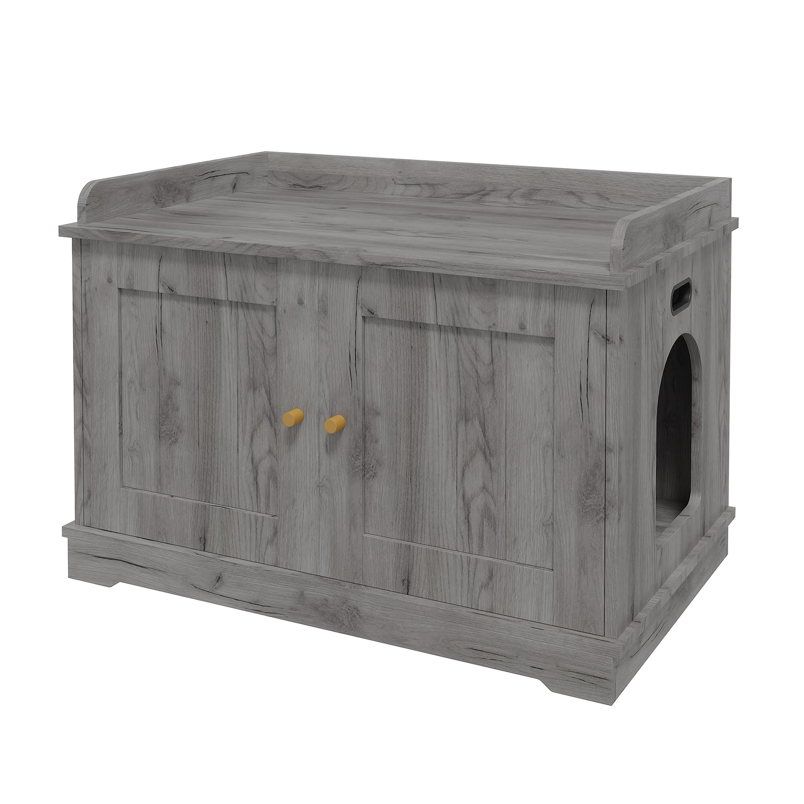 Meuble d'appoint moderne Garvee avec bac à litière dissimulé et porte coulissante, finition bois gris fumé, pour une utilisation intérieure.