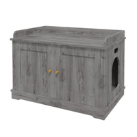 Meuble d'appoint moderne Garvee avec bac à litière dissimulé et porte coulissante, finition bois gris fumé, pour une utilisation intérieure.