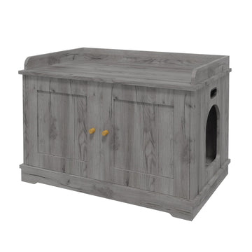 Meuble d'appoint moderne Garvee avec bac à litière dissimulé et porte coulissante, finition bois gris fumé, pour une utilisation intérieure.