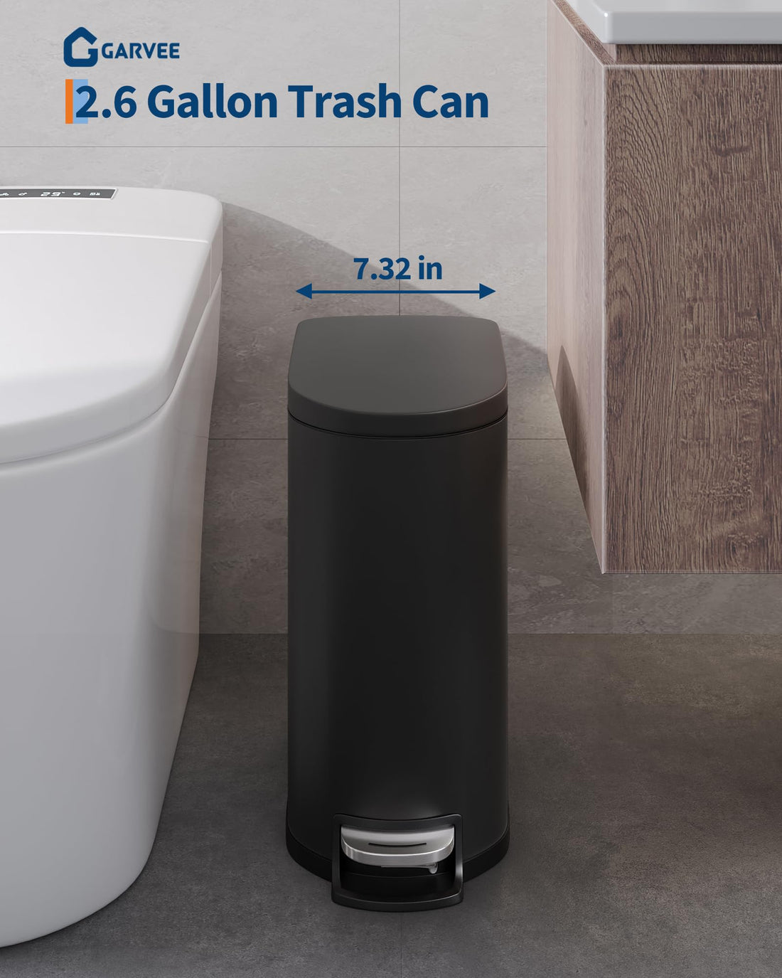 Poubelle de salle de bain Garvee en métal, 10 L, avec couvercle à fermeture douce et pédale, pour chambre et salle de bain, noire, compacte et antirouille.