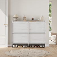Garvee Meuble à chaussures 4 tiroirs abattants, MDF blanc, 120 × 26 × 93 cm, étagères réglables pour entrée et salon