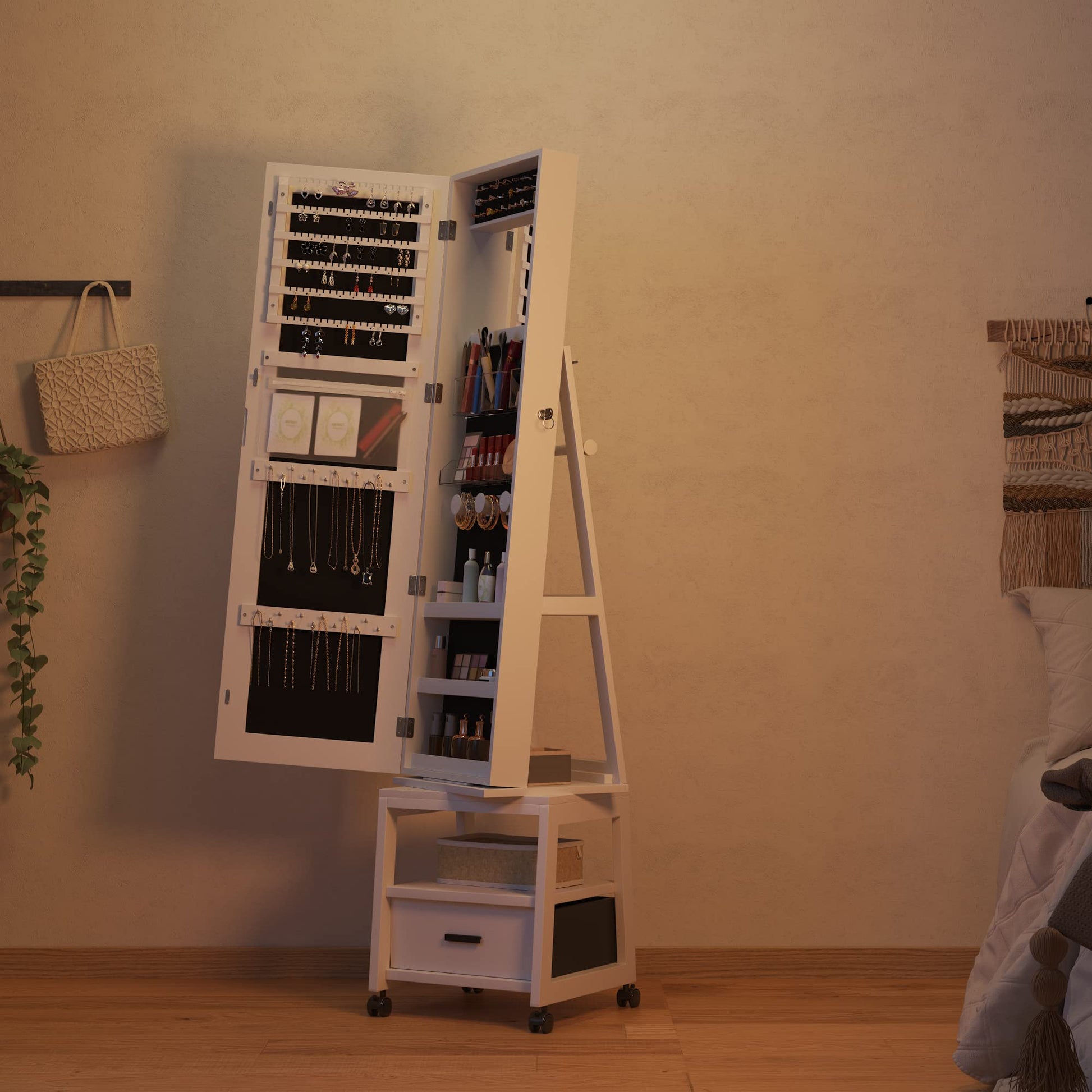 Armoire à bijoux Garvee, miroir de maquillage pivotant à 360°, en bois, verrouillable, sur roulettes, grande capacité, blanc, pour salon ou chambre.
