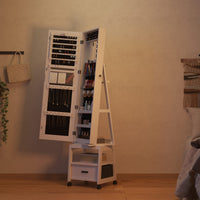 Armoire à bijoux Garvee, miroir de maquillage pivotant à 360°, en bois, verrouillable, sur roulettes, grande capacité, blanc, pour salon ou chambre.