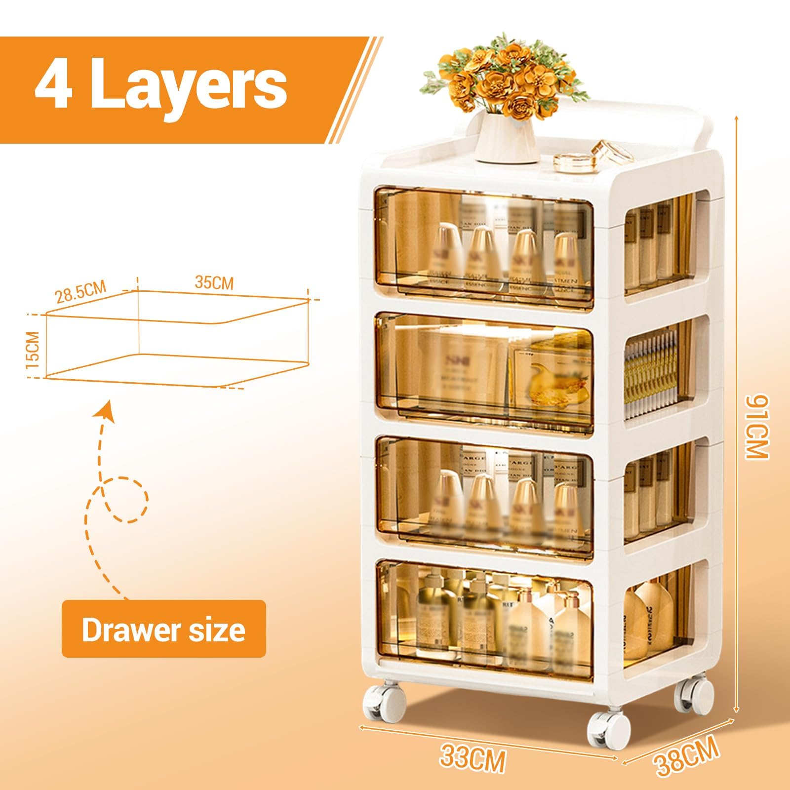 Organiseur mobile Garvee en plastique transparent, avec 4 tiroirs empilables, roulettes pivotantes à 360° avec frein, ergonomique et léger, idéal pour le bureau. Dimensions : 33 x 38 x 71 cm.
