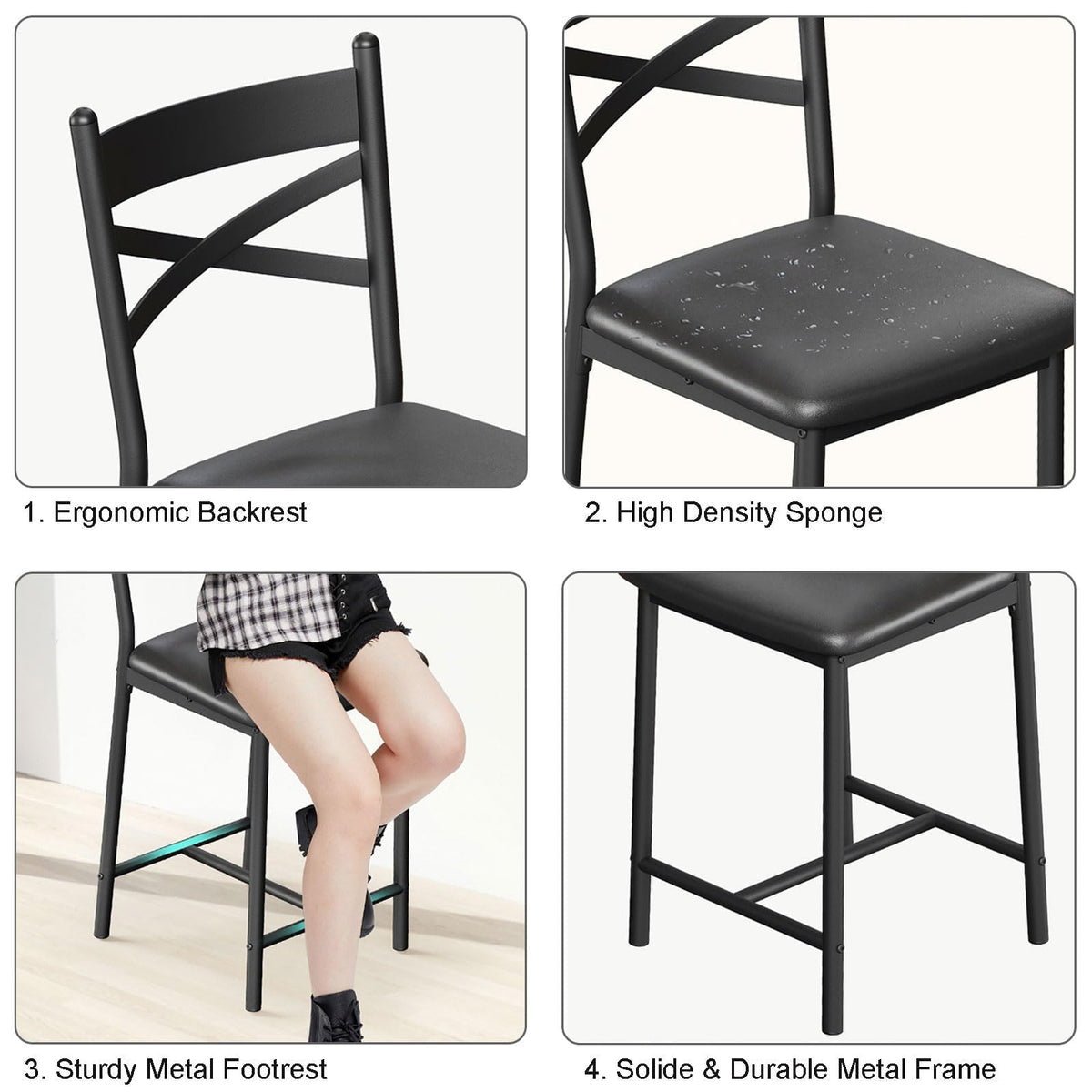Garvee lot de 2 tabourets de bar 66 cm, structure métal, assise en polyuréthane, dossier et repose-pieds, noirs