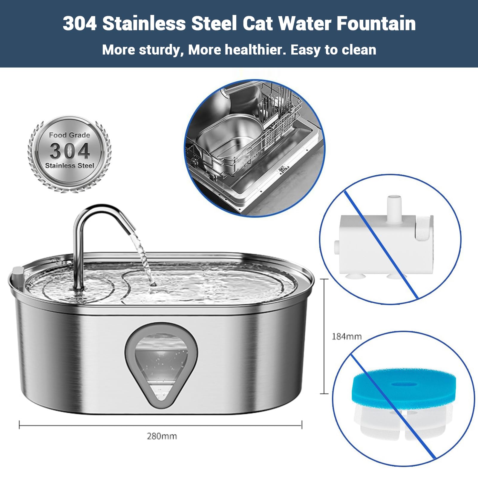 Fontaine à eau Garvee pour chats et chiens, 3,5 L, en acier inoxydable, avec pompe silencieuse, filtre et fenêtre d'observation.