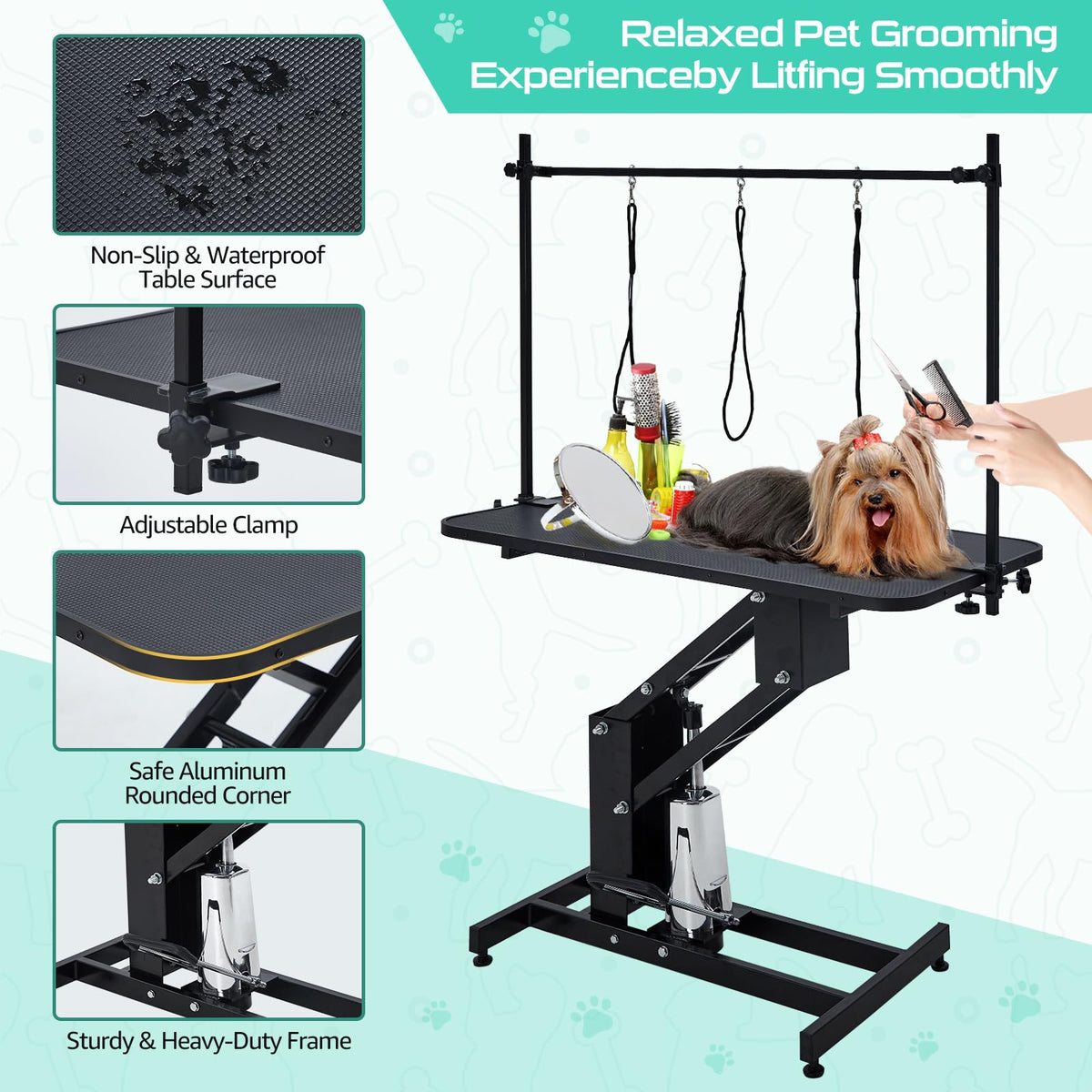 Garvee Table de toilettage hydraulique pour chiens, hauteur réglable, pour le bain, la coupe et le stylisme, 110 × 61 cm, panneau MDF, stable et antidérapante