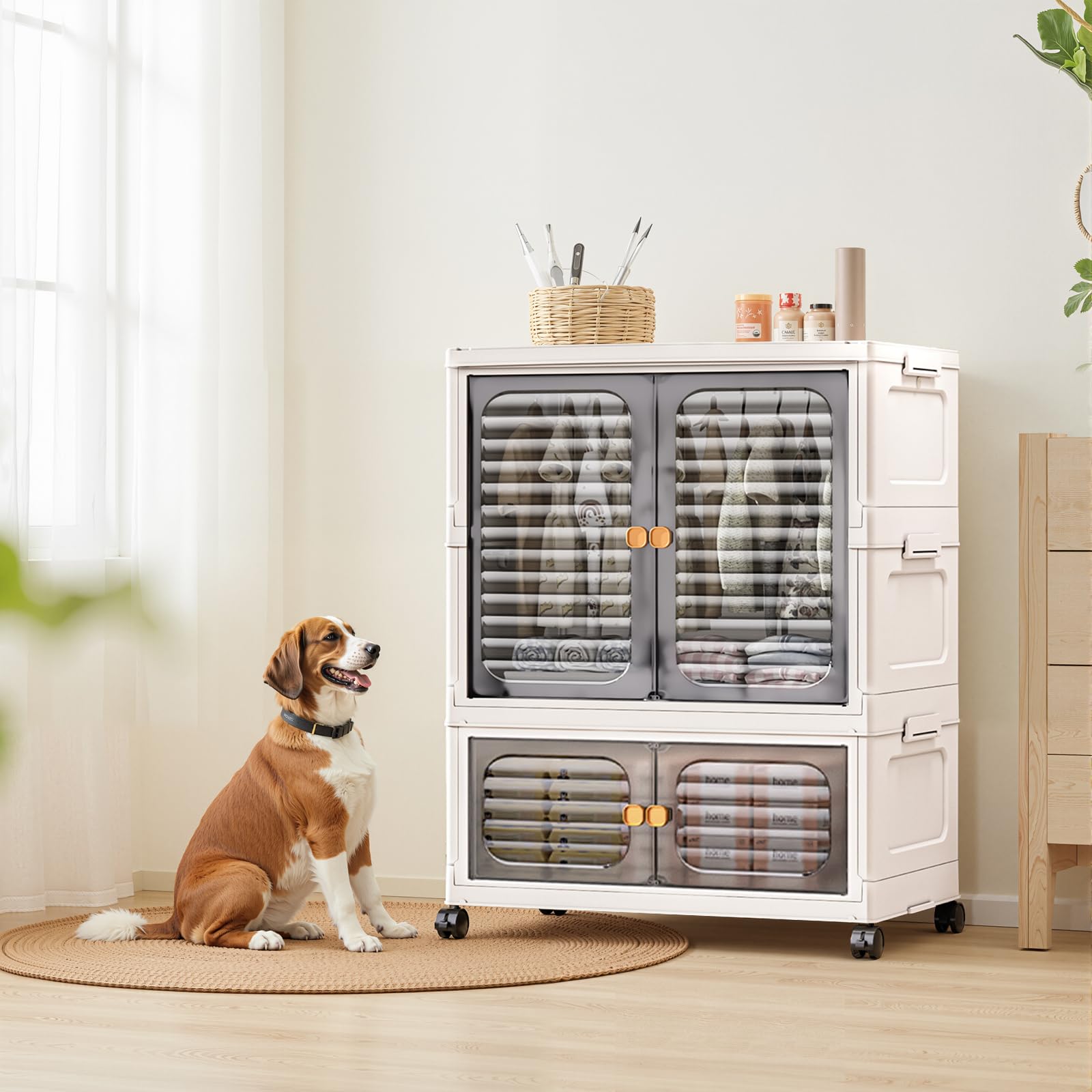 Armoire pour animaux Garvee avec boîtes de rangement empilables, roulettes, portes, pliable pour salon et chambre, robuste et polyvalente