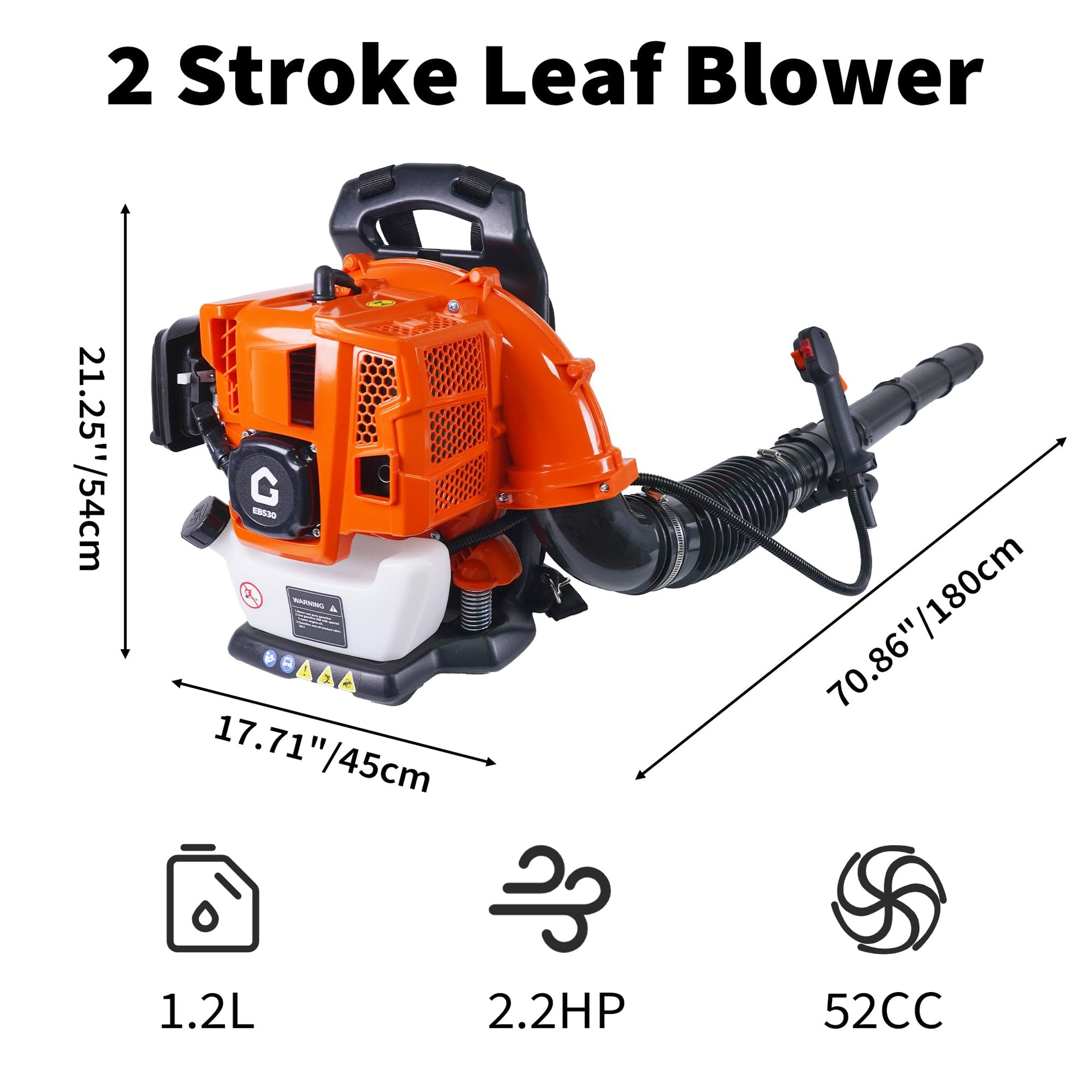 Garvee Souffleur de Feuilles à Dos 2 Temps 52 cm³, 2,2 CV, Débit d’Air 22 m³/min, Vitesse 435 km/h, Plastique, pour Jardinage et Entretien Extérieur, Orange et Noir