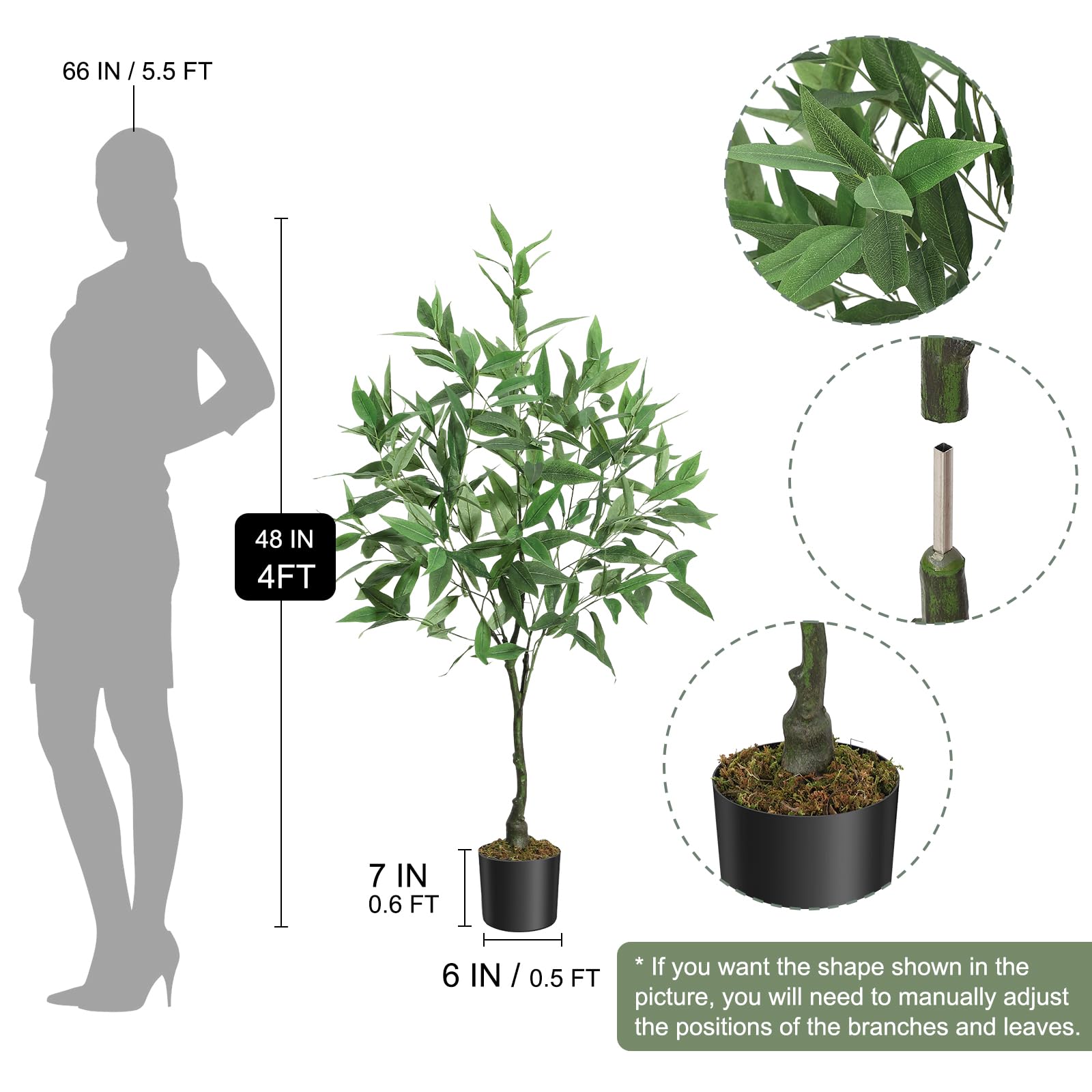 Eucalyptus Garvee de 1,20 m, hauteur ajustable – Tronc en PE, plante artificielle sans entretien pour bureau, salon et hall d'accueil
