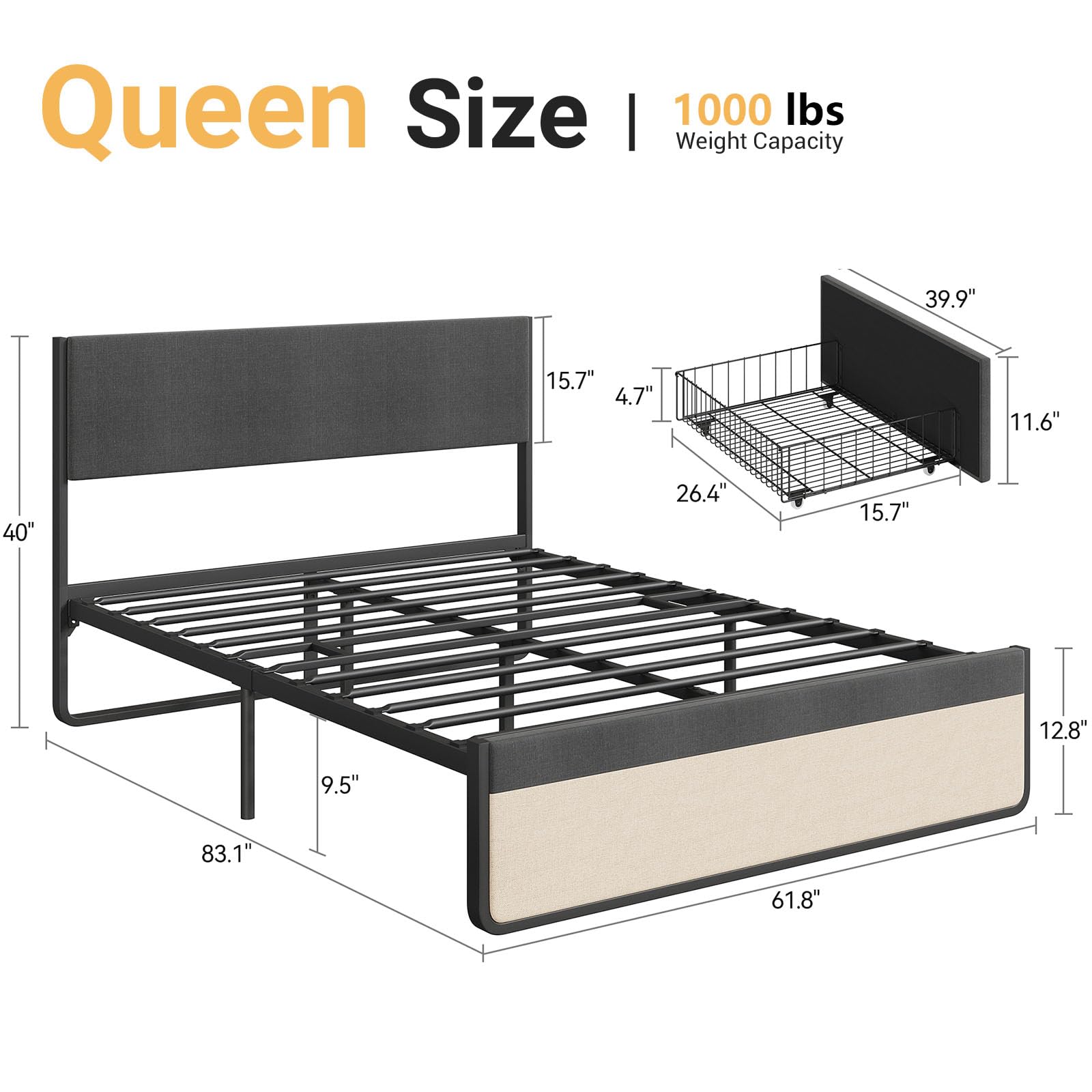 Cadre de lit Garvee Queen Size avec tête de lit, 2 tiroirs, sommier à lattes métalliques, silencieux, tissu en lin gris, chambre à coucher