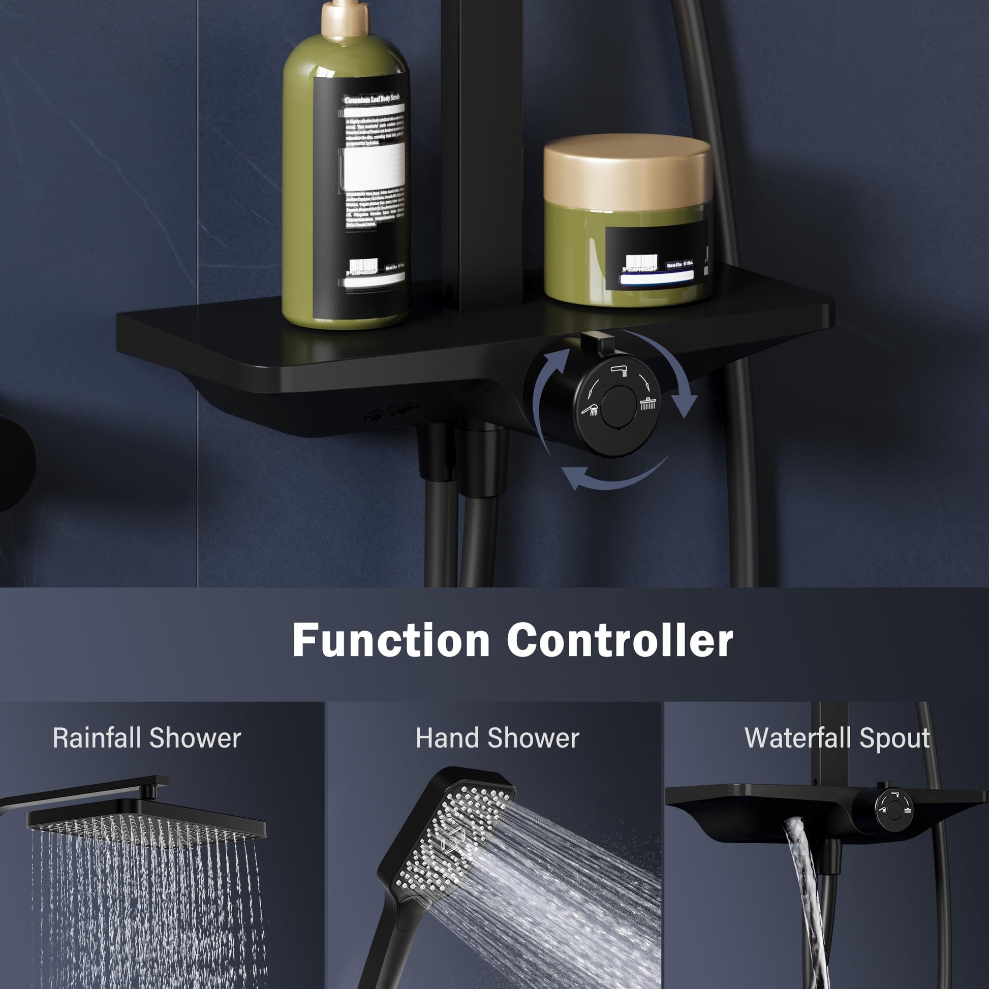 Colonne de douche GARVEE à effet pluie sans robinet avec étagère – Colonne de douche réglable en acier inoxydable noir 30 x 20,5 cm