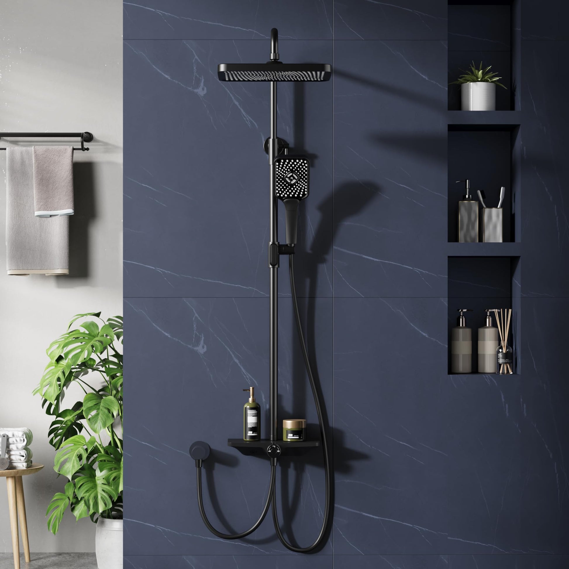 Système de douche à effet pluie Garvee sans accessoires, avec étagère, en acier inoxydable noir, 30 x 20,5 cm
