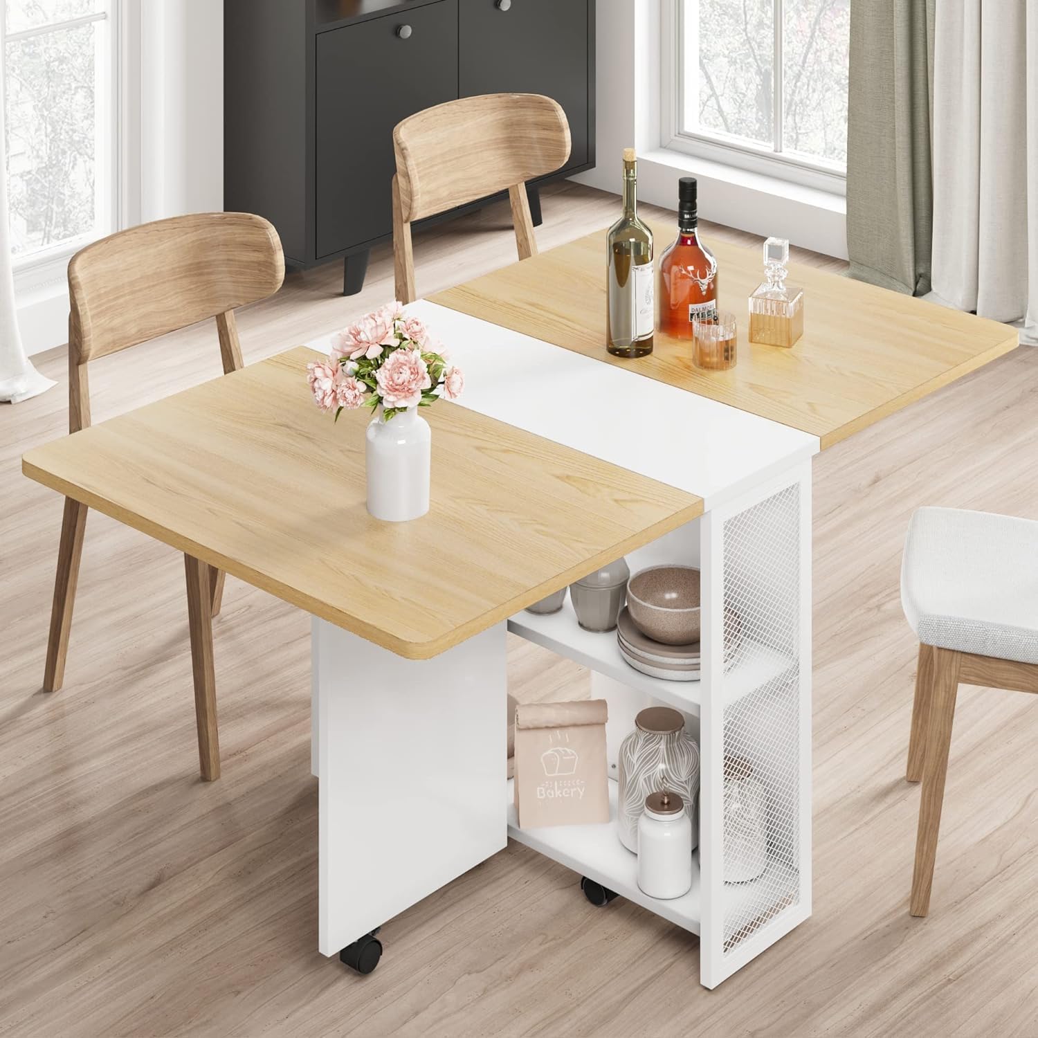 Garvee Table à Manger Pliante Blanche avec Rangement 2 Niveaux, Table de Cuisine Extensible à Rabats, Rectangulaire pour 4, Gain de Place
