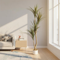 Arbre dracaena artificiel Garvee pour intérieur avec pot blanc, idéal pour un salon moderne. Facile d'entretien, durable et hypoallergénique.