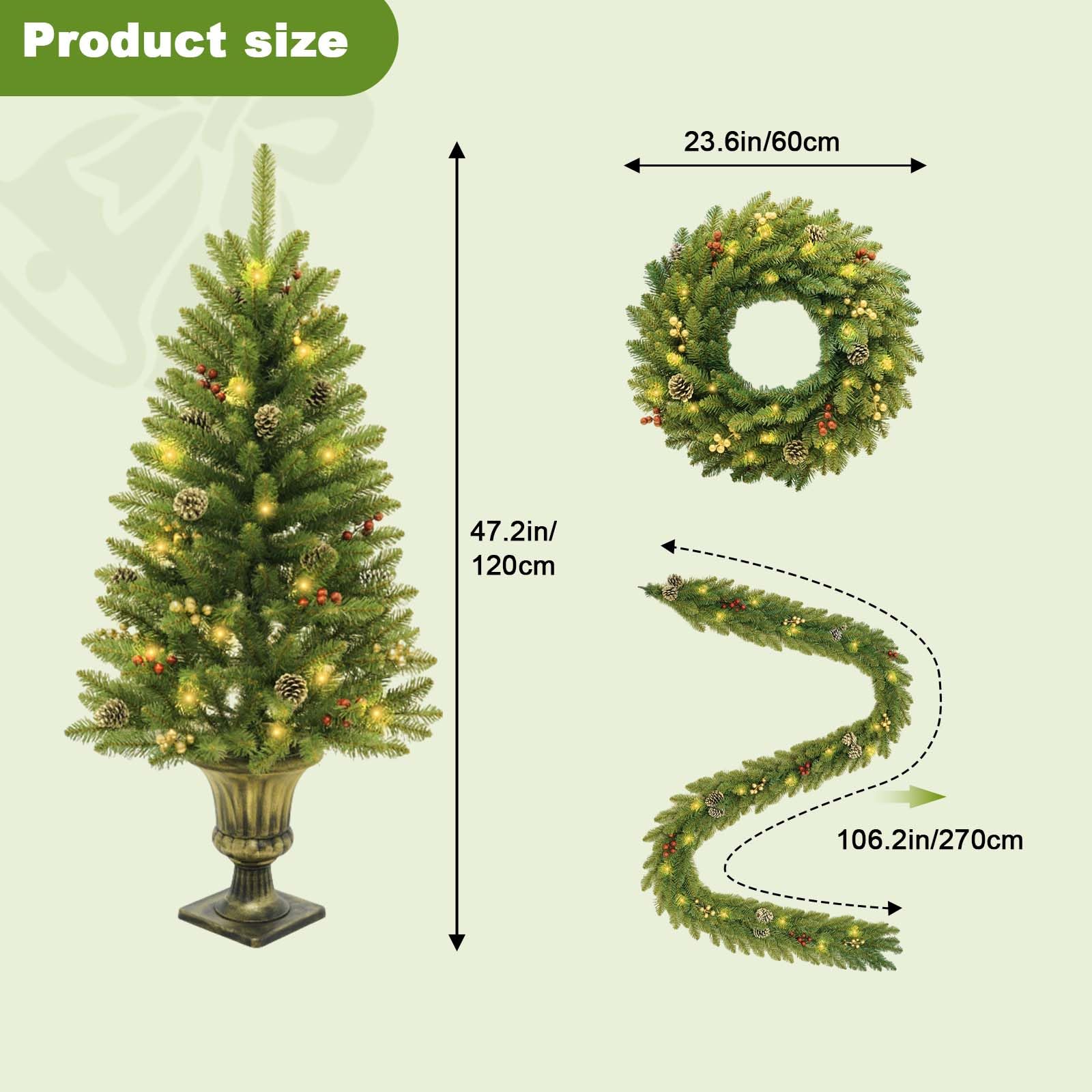 Ensemble sapin de Noël Garvee, 4 pièces avec éclairage LED - 2 sapins de 120 cm, une couronne et une guirlande pour une décoration festive