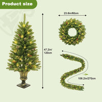 Ensemble sapin de Noël Garvee, 4 pièces avec éclairage LED - 2 sapins de 120 cm, une couronne et une guirlande pour une décoration festive