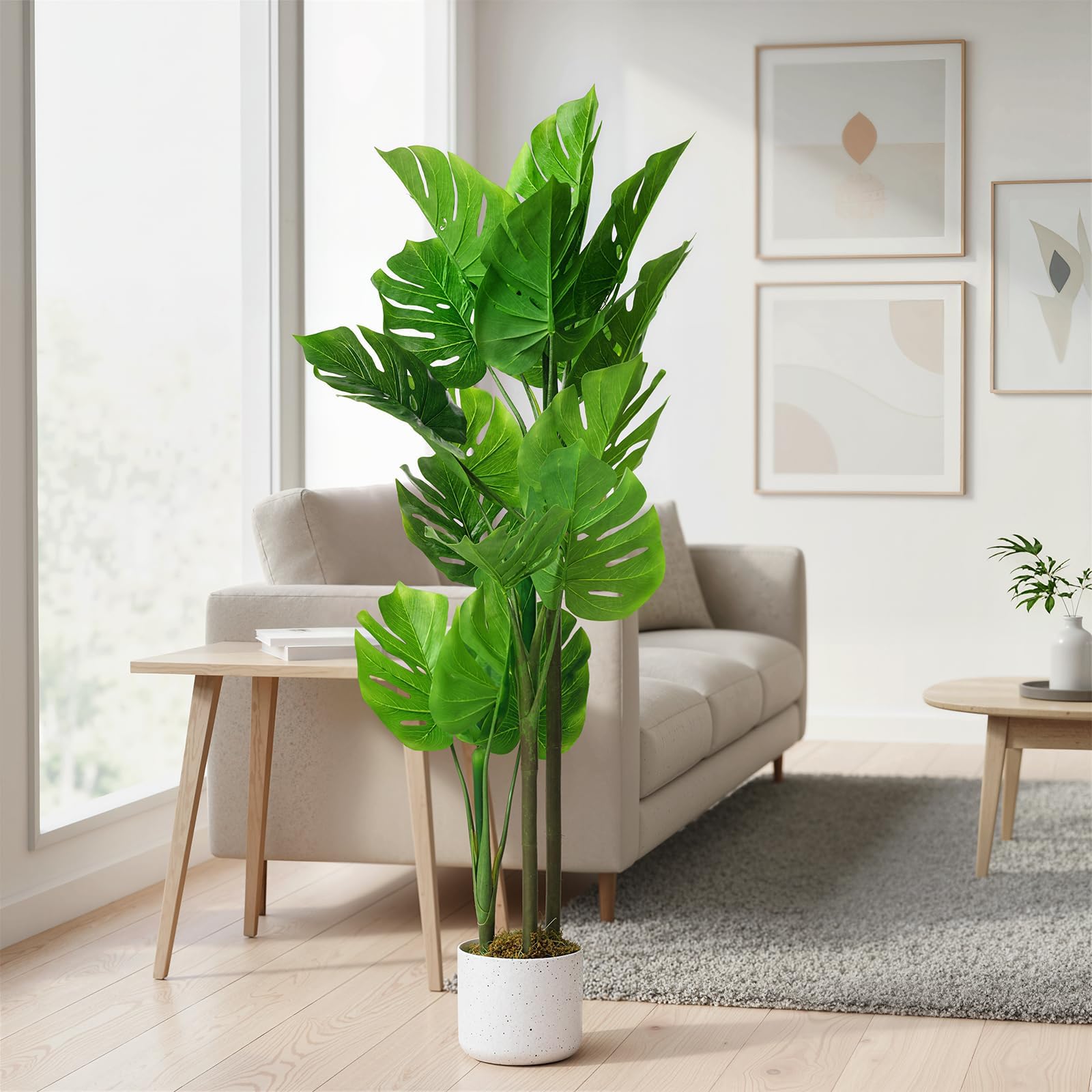 Monstera artificiel Garvee, 1,1 m, résistant aux UV, pot en ciment stable, sans entretien, décoration intérieure pour salon ou bureau, vert