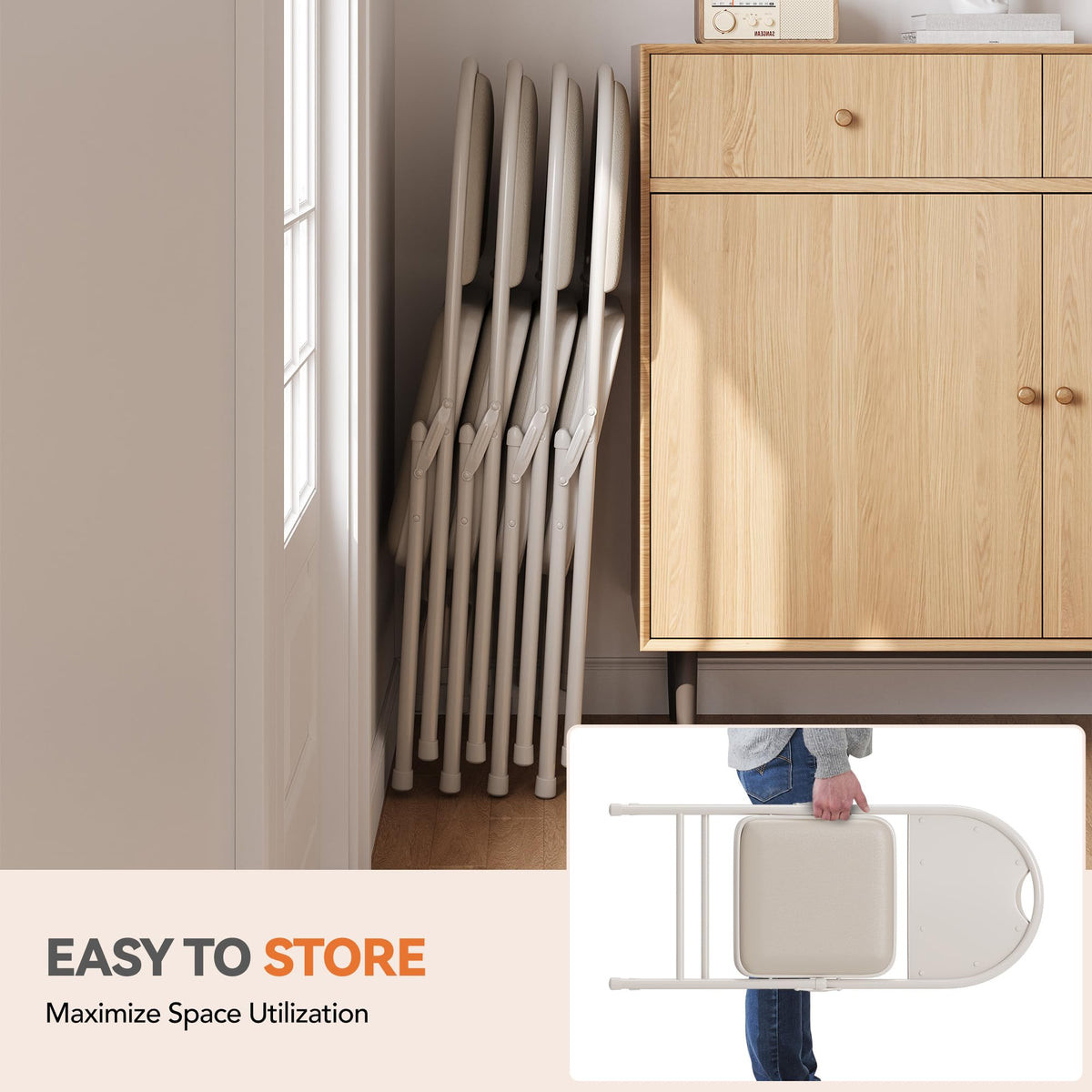 Ensemble de 4 chaises pliantes Garvee avec assise rembourrée en PU, pieds en métal, patins antidérapants, beige, empilables et ergonomiques, idéales pour le bureau et les événements.
