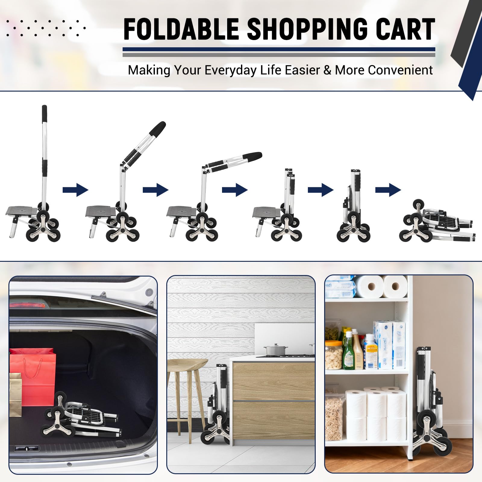Chariot de courses pliable 3 en 1 Garvee avec monte-escalier à 6 roues, sac en tissu Oxford de 36 L, léger et ergonomique, idéal pour les courses et le jardin, capacité de charge de 80 kg, noir