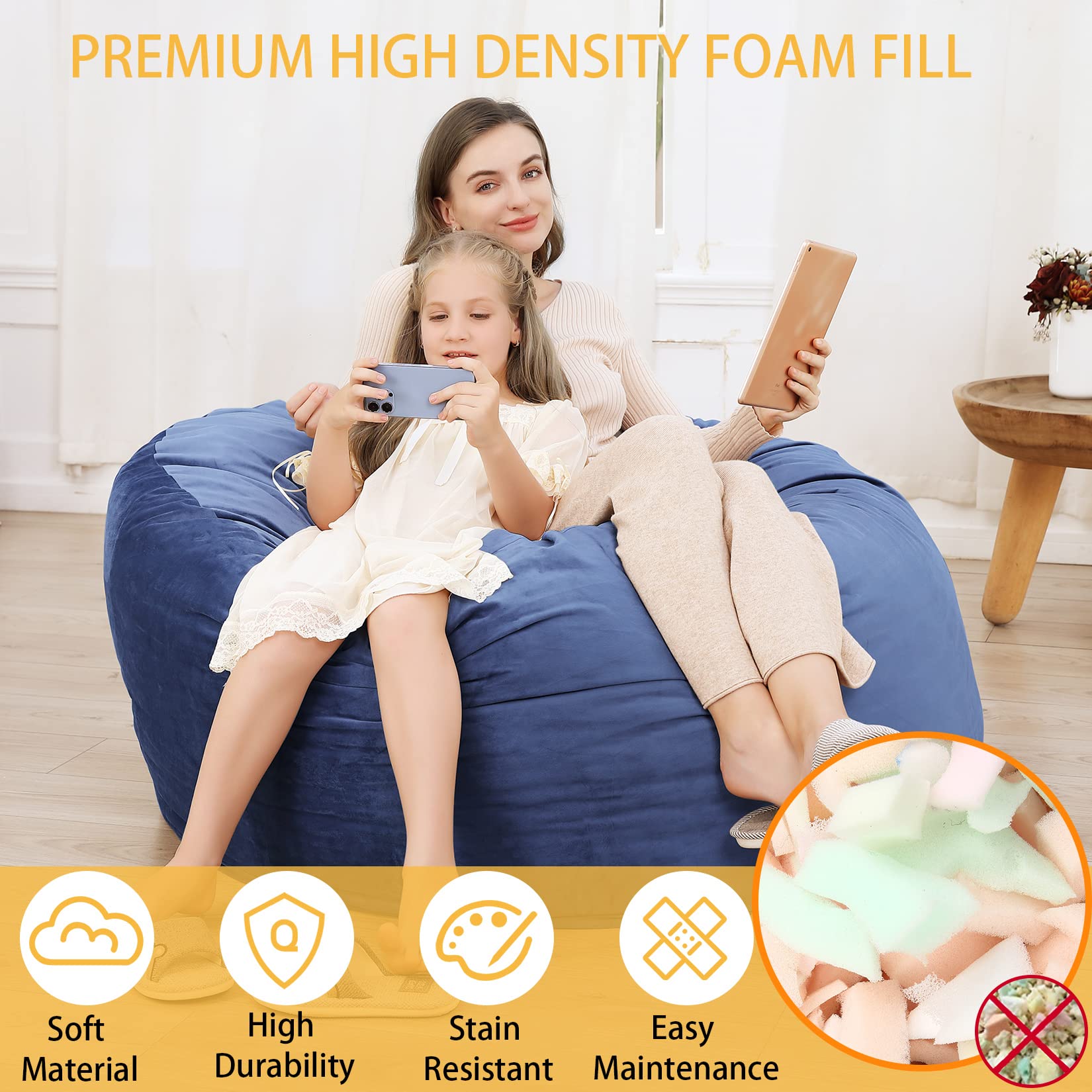 Pouf géant rond Garvee 120 cm avec rembourrage, velours doux, grand canapé pour adultes et adolescents, bleu marine, housse amovible, salon et chambre
