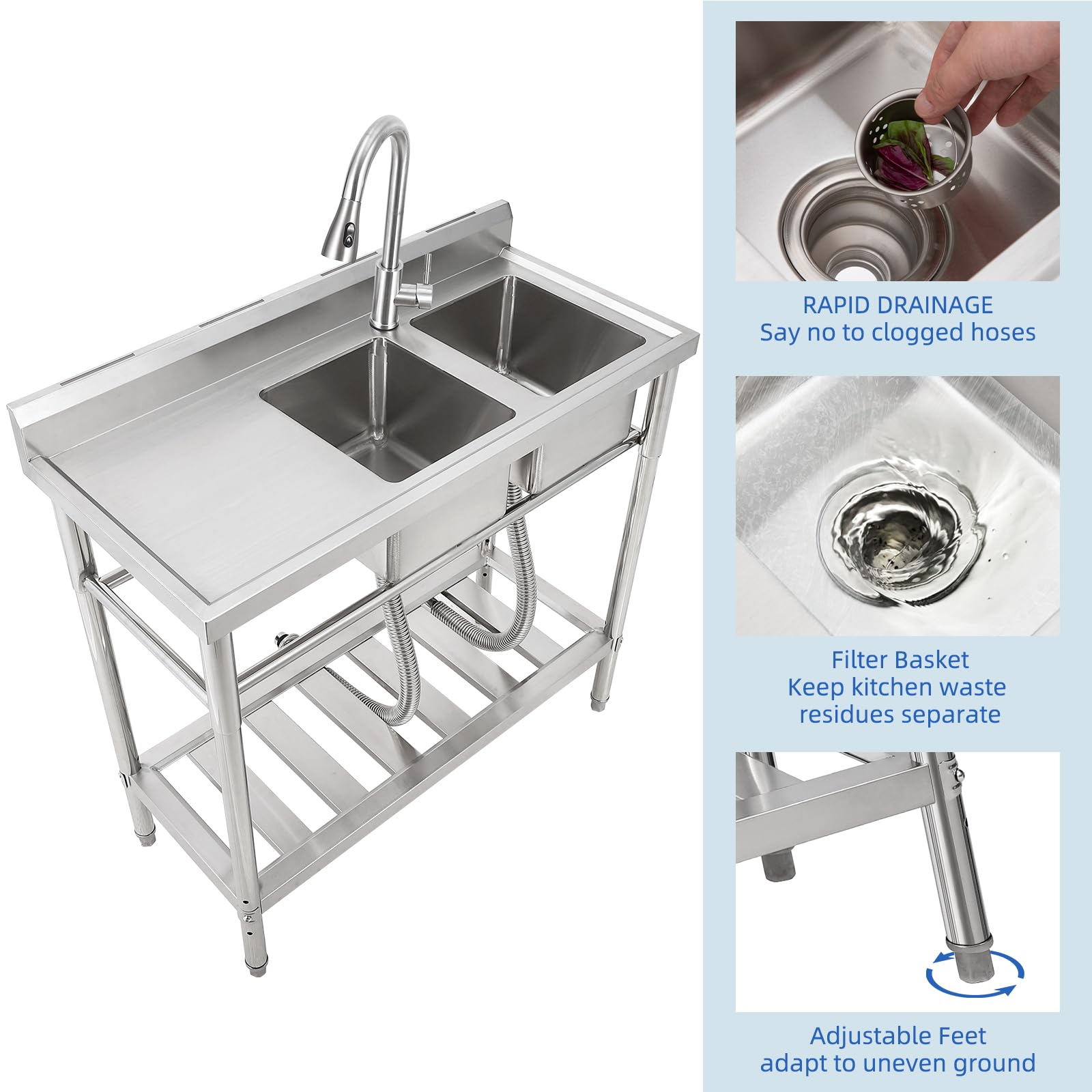 Garvee Évier commercial double bac en acier inoxydable, robinet pivotant 360°, étagères de rangement, pour cuisine et extérieur, 33 × 33 × 21 cm.