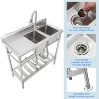 Garvee Évier commercial double bac en acier inoxydable, robinet pivotant 360°, étagères de rangement, pour cuisine et extérieur, 33 × 33 × 21 cm.