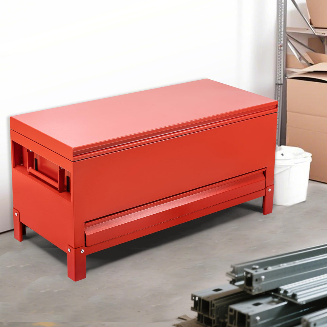 Garvee Coffre à Outils de Chantier 122 × 51 cm avec Tiroir, Armoire de Rangement Industrielle en Aluminium, Rouge Bordeaux, pour Outils et Équipement
