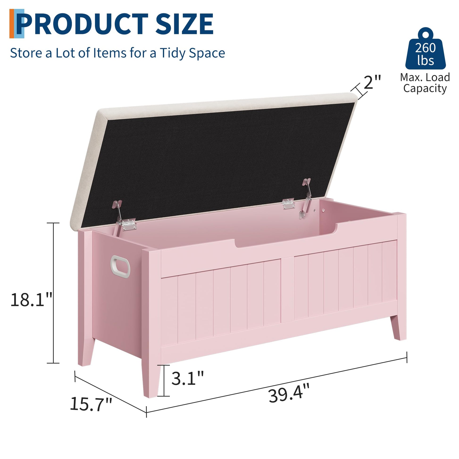 Banc de rangement Garvee avec coussin, coffre en bois de 100 cm, 2 charnières de sécurité, salon et chambre, bois aggloméré, poignées ergonomiques, couvercle rabattable, grand coffre, montage facile