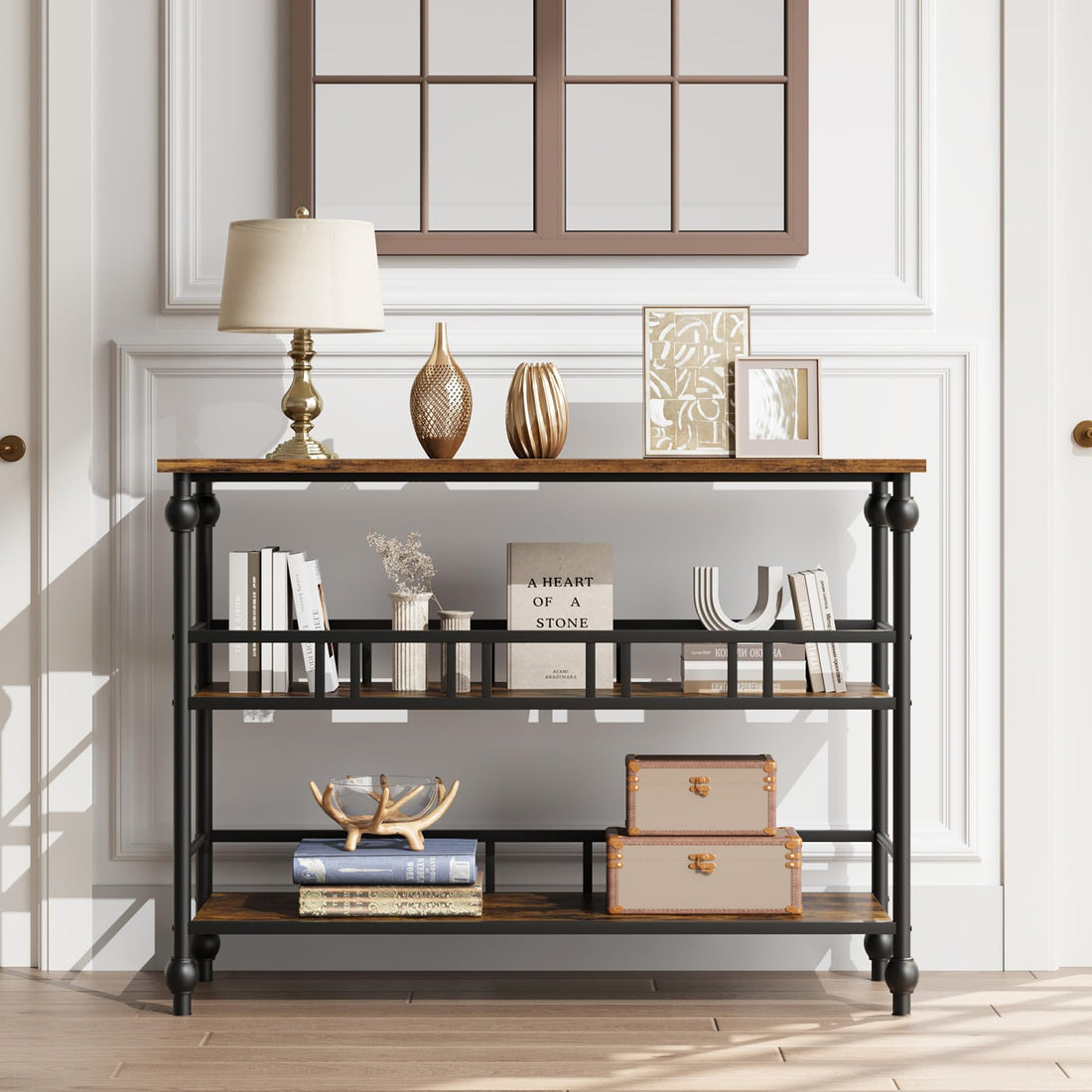 Garvee Console industrielle à 3 niveaux avec rangement, structure métal et MDF, style vintage, pieds réglables, pour entrée et salon, 109 × 30 × 80 cm, vintage