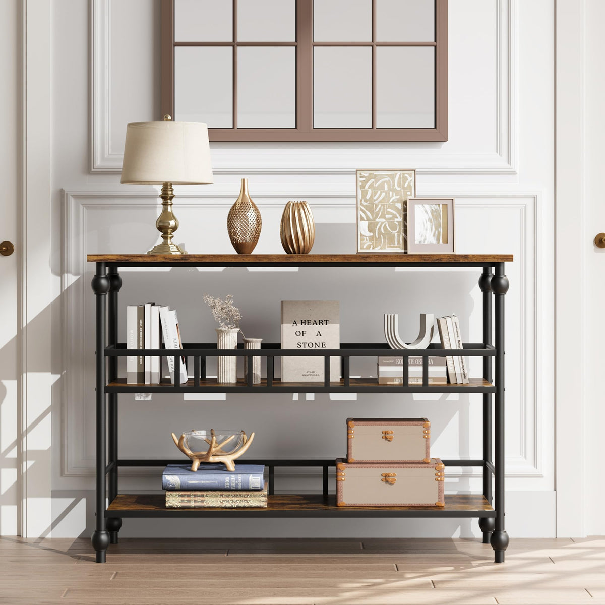 Garvee Console industrielle à 3 niveaux avec rangement, structure métal et MDF, style vintage, pieds réglables, pour entrée et salon, 109 × 30 × 80 cm, vintage