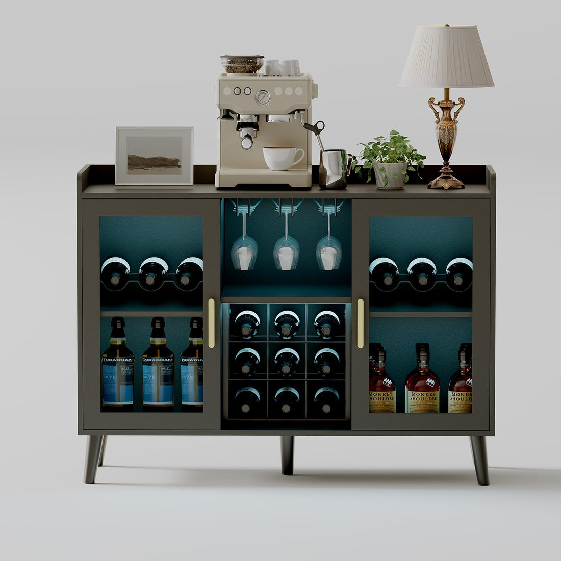 Garvee Meuble bar à vin autoportant avec casier à bouteilles et éclairage LED pour salon et salle à manger, étagère en bois et verre de 120 cm