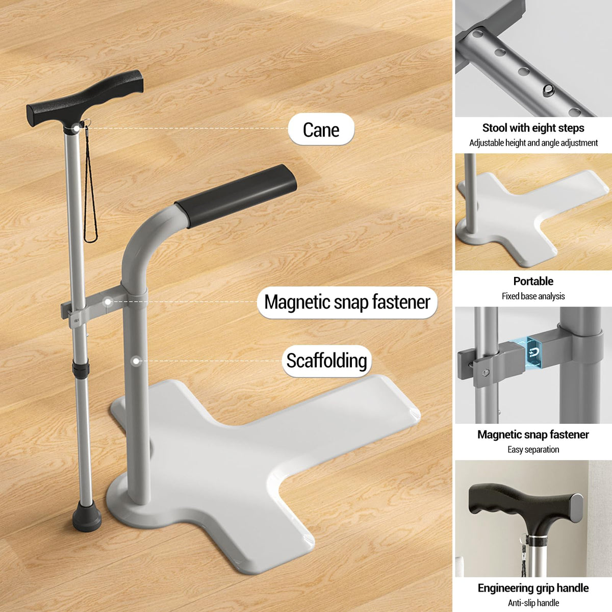 Garvee Aide à la verticalisation 2 en 1 pour seniors avec béquille réglable en hauteur, poignée de sécurité pour canapé ou fauteuil, aide à la vie quotidienne, capacité de charge de 150 kg, Blanc
