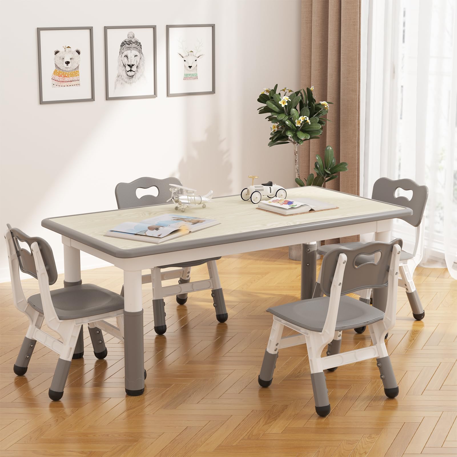 Ensemble table et 4 chaises pour enfants Garvee, hauteur réglable, plateau à motifs graffiti, pieds antidérapants, idéal pour la maison et la maternelle.