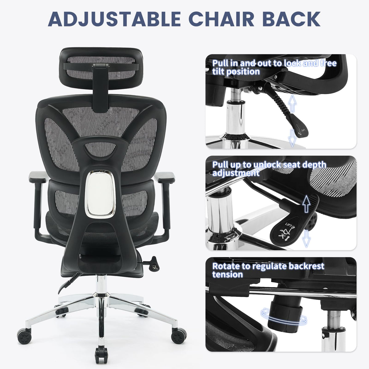 Garvee Chaise de bureau ergonomique avec repose-pieds, réglable, en maille respirante, dossier haut, noire