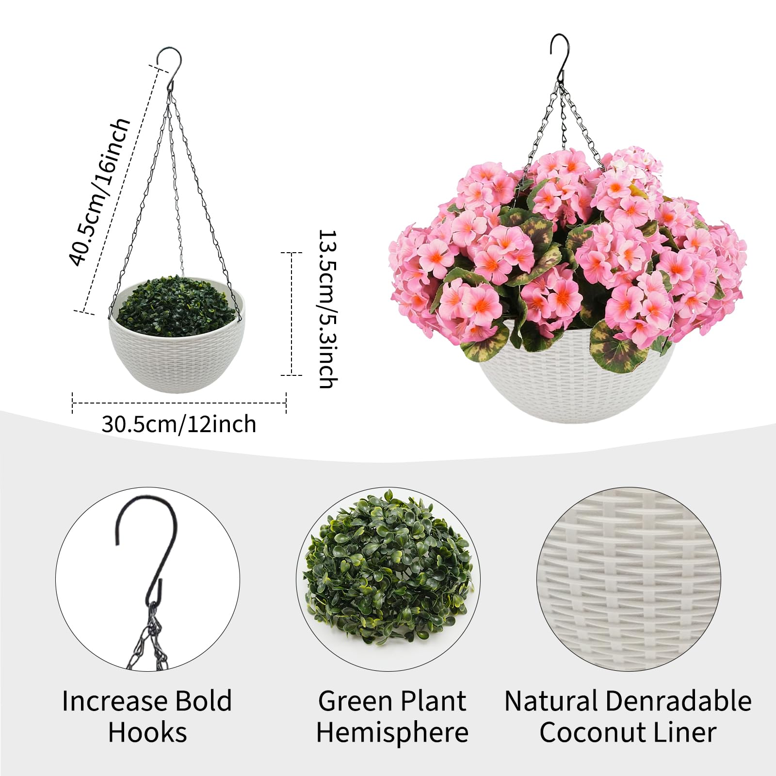 Garvee Lot de 2 géraniums artificiels avec 12 fleurs roses, résistants aux intempéries, panier blanc, à suspendre pour la décoration du jardin et de la terrasse