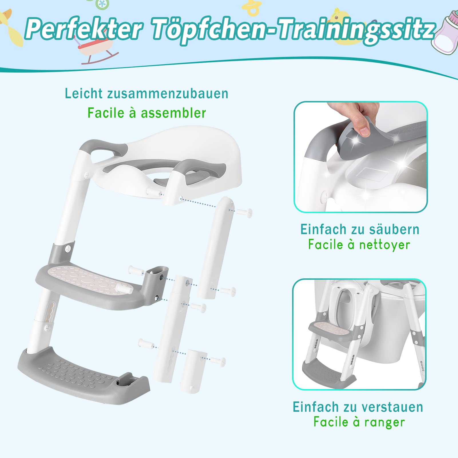 Siège de toilette enfant Garvee avec marchepieds, hauteur réglable, pliable, rembourré en PU, antidérapant, pour garçons et filles, blanc
