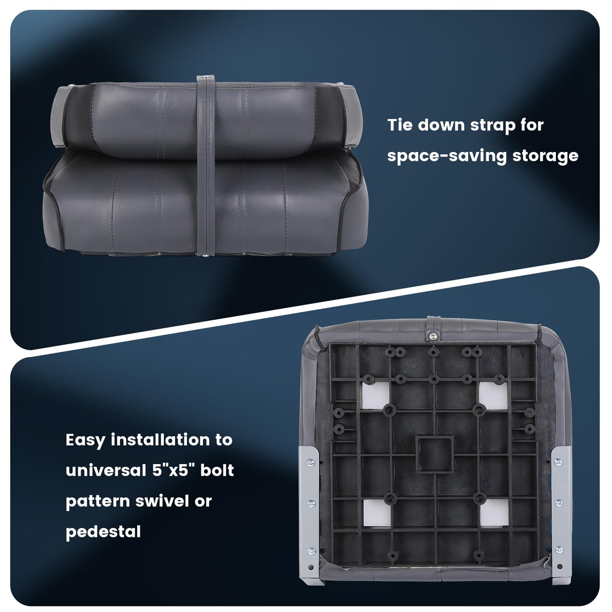 Garvee lot de 2 sièges de bateau pliants à dossier bas, mousse épaisse, PVC résistant, charnières aluminium, gris et noir
