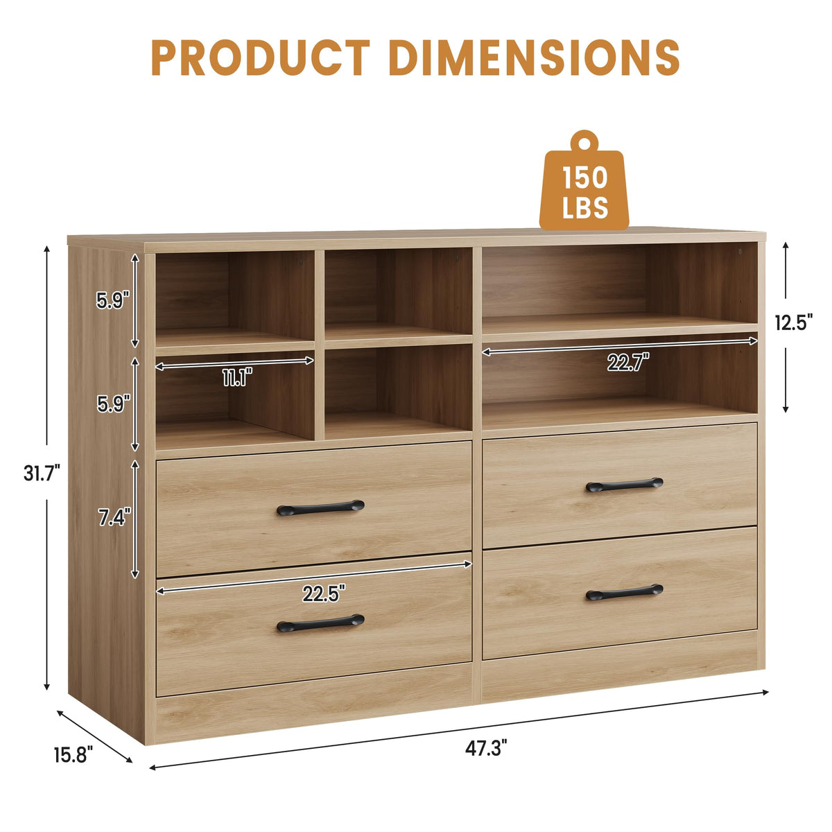 Garvee commode à 4 tiroirs avec 6 compartiments ouverts, étagères réglables, MDF, meuble TV moderne pour la chambre et le salon, chêne, 120 cm (L) × 81 cm (H)