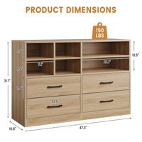 Garvee commode à 4 tiroirs avec 6 compartiments ouverts, étagères réglables, MDF, meuble TV moderne pour la chambre et le salon, chêne, 120 cm (L) × 81 cm (H)