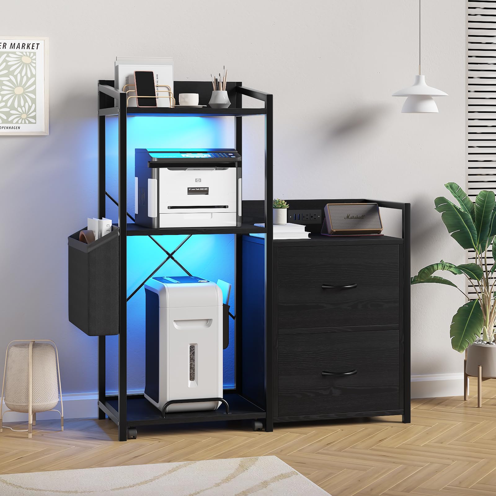Classeur Garvee avec bandes LED, meuble de bureau à 2 tiroirs et étagère, table pour imprimante pour bureau et maison, grand format, noir