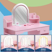 Coiffeuse Garvee pour enfants avec miroir lumineux et tabouret, MDF, éclairage LED, espace de rangement, pour filles de 3 à 9 ans, chambre et salle de jeux, blanc