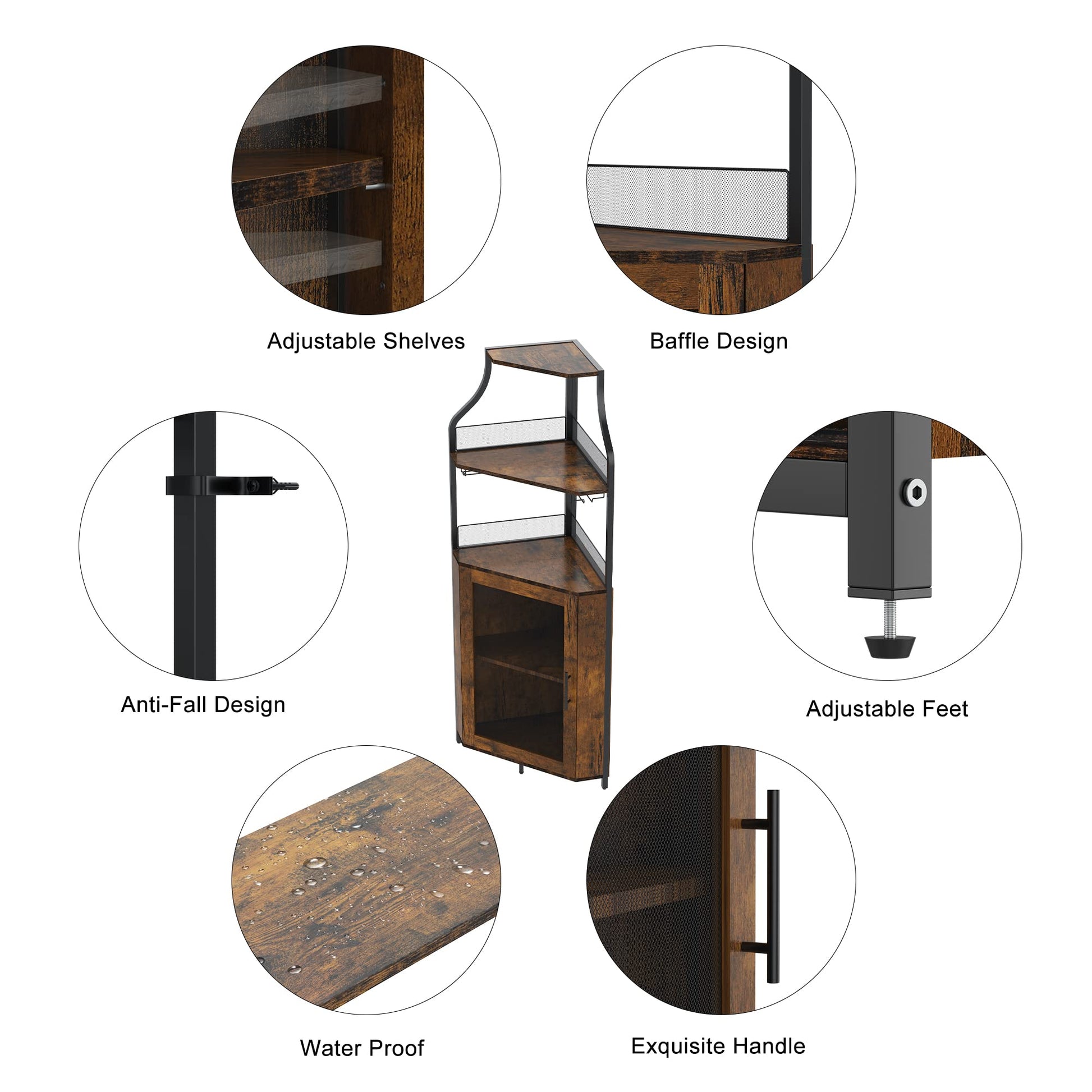 Meuble bar d'angle Garvee pour spiritueux avec étagères réglables, 155 cm, structure en métal, porte grillagée, MDF, pieds antidérapants, anti-basculement, cuisine et salon