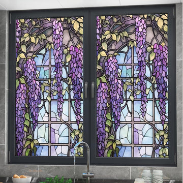 Film adhésif pour vitres Garvee effet vitrail à motif floral violet, 60 x 100 cm.