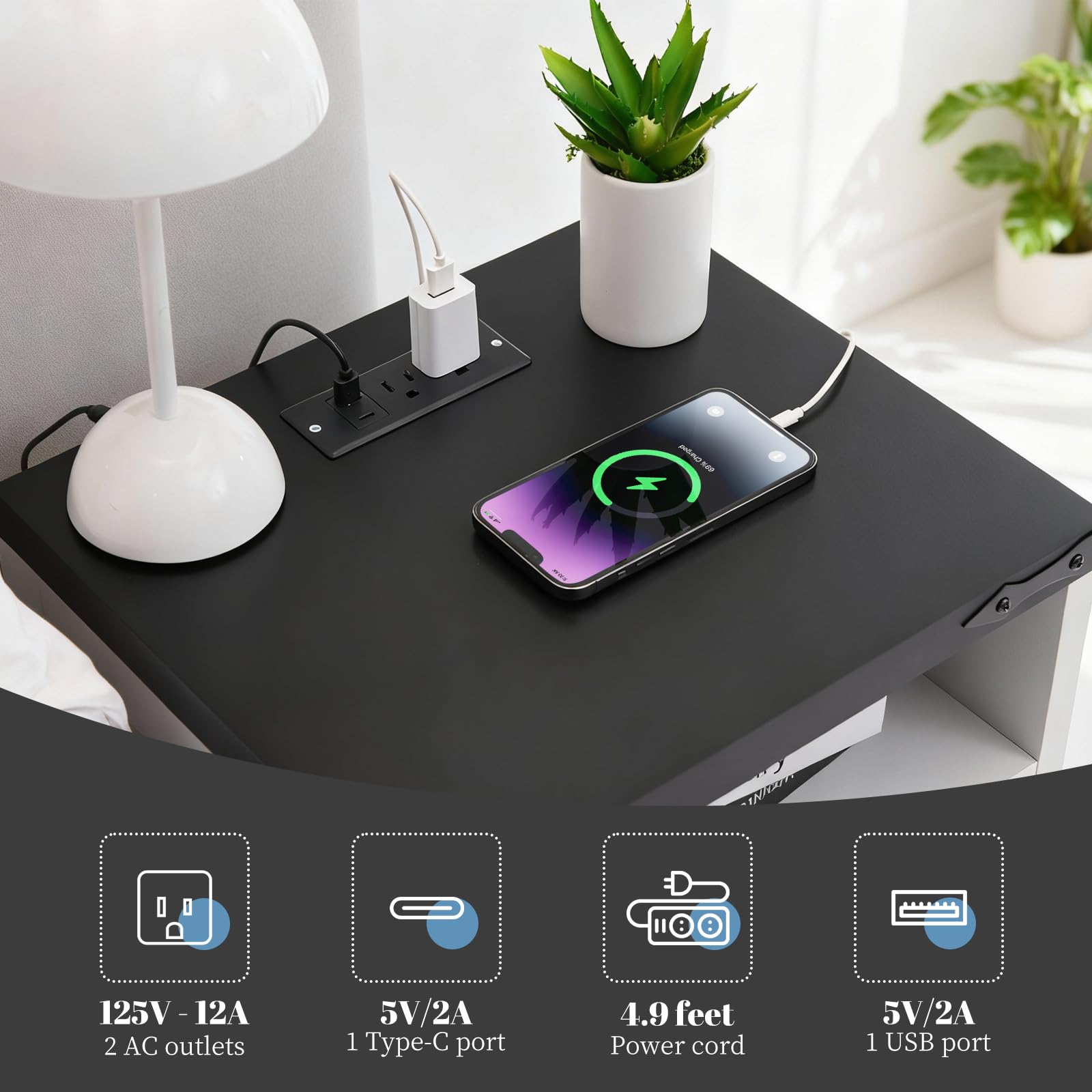 Table de chevet Garvee style ferme avec station de chargement USB, 2 tiroirs, bois massif, blanc, style industriel, chambre